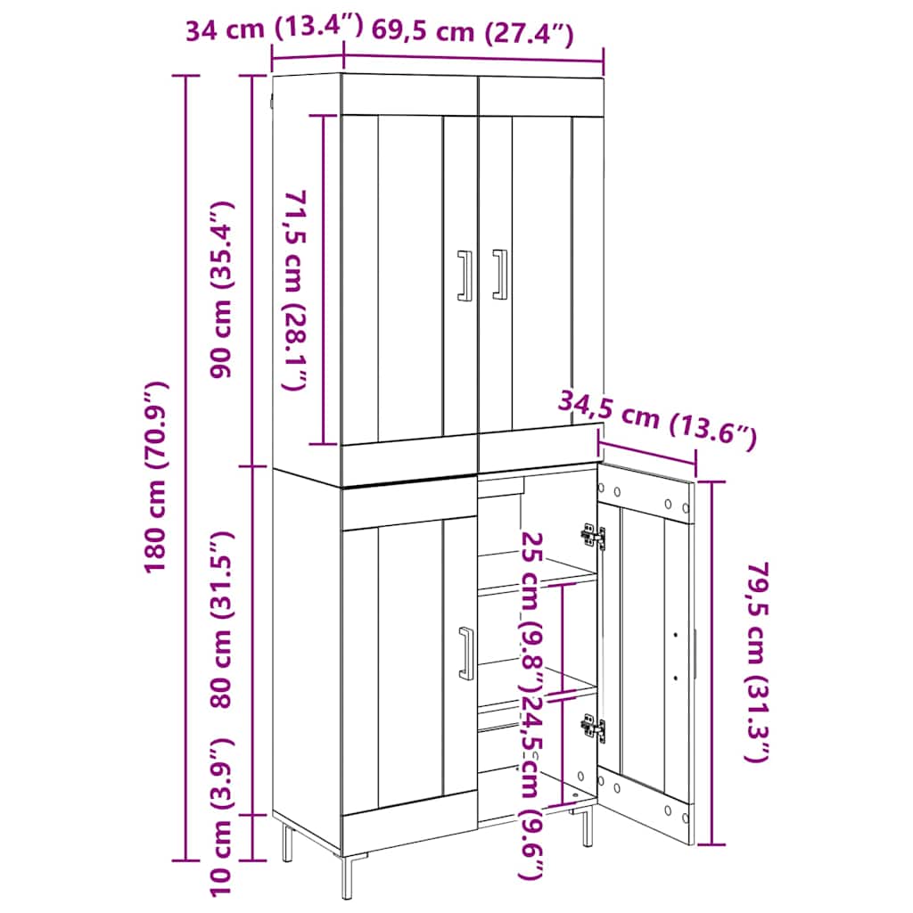 Highboard 2 kom. Umjetnički hrast 69,5 x 34 x 180 cm