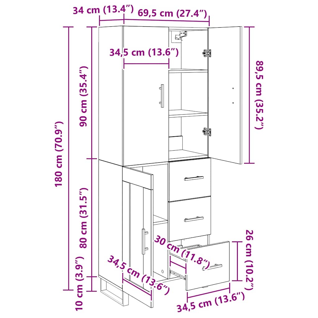 Highboard s ladicama 2 pcs Umjetnički hrast 69,5 x 34 x 180 cm