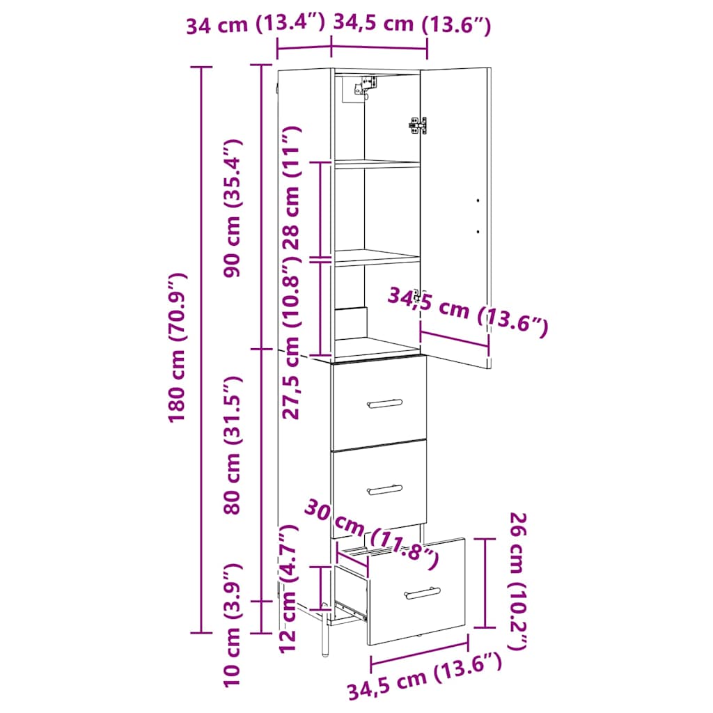 Highboard Umjetnički hrast 34,5 x 34 x 180 cm Konstruirano drvo