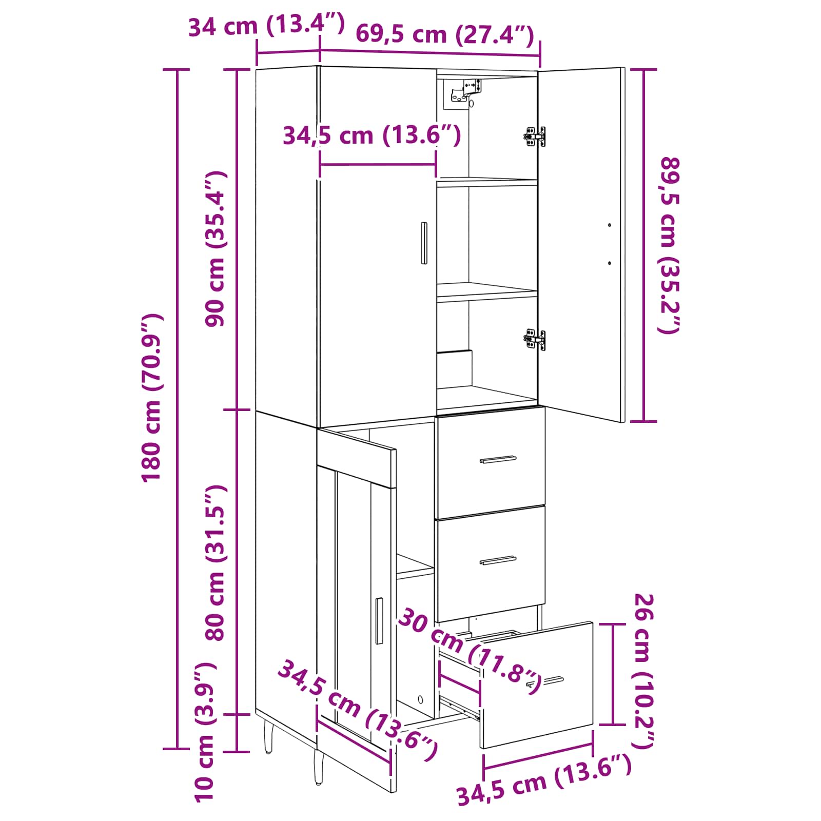 Highboard 2 kom. Umjetnički hrast 69,5 x 34 x 180 cm