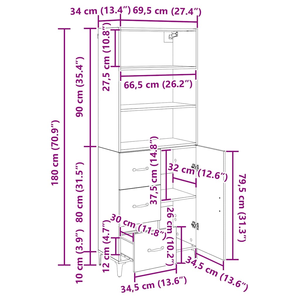 Highboard Umjetnički hrast 69,5 x 34 x 180 cm Konstruirano drvo
