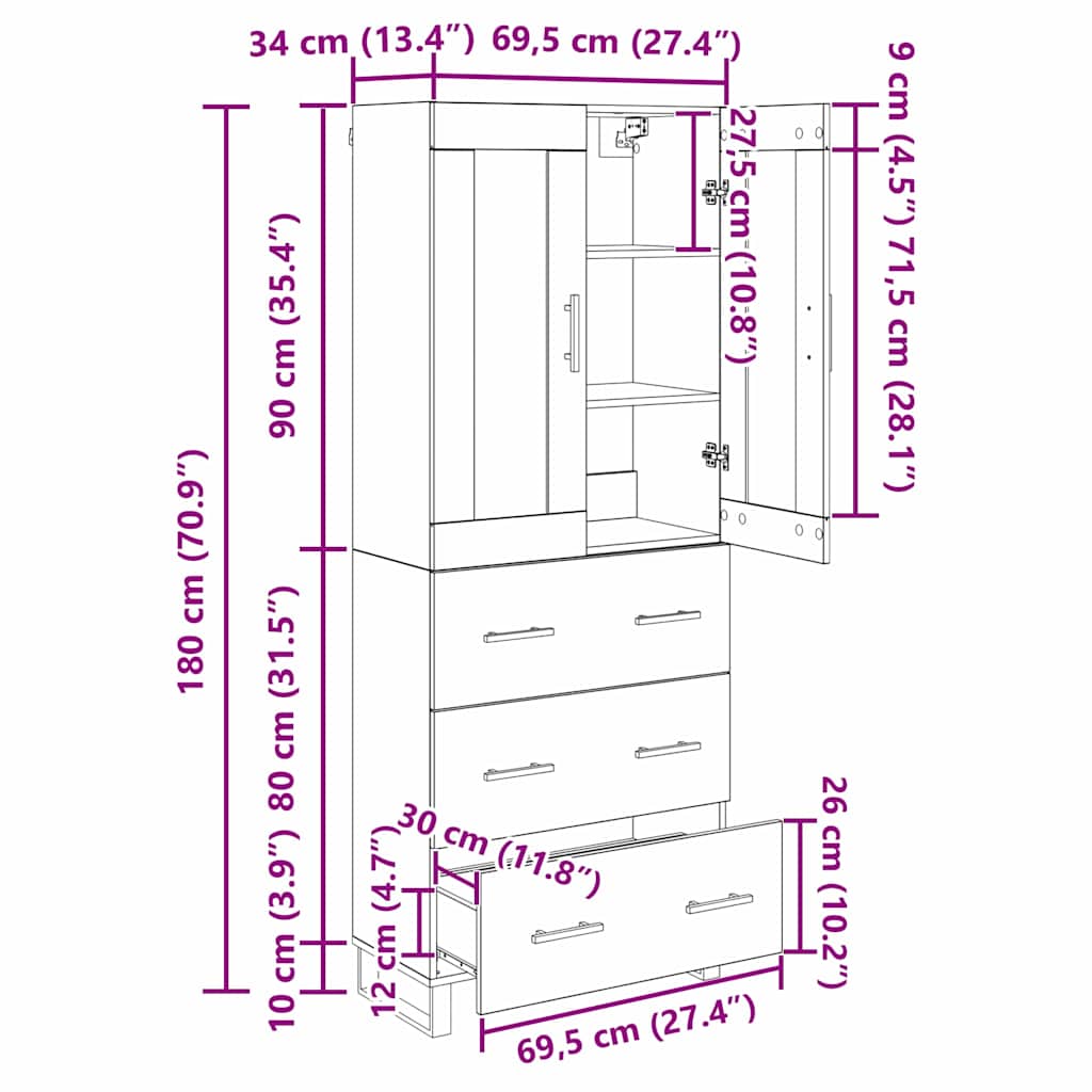 Highboard 2 kom. Umjetnički hrast 69,5 x 34 x 180 cm