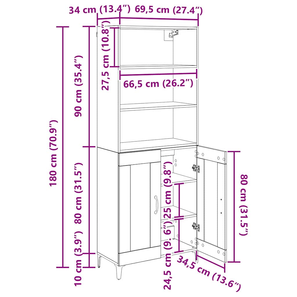 Highboard Umjetnički hrast 69,5 x 34 x 180 cm Konstruirano drvo