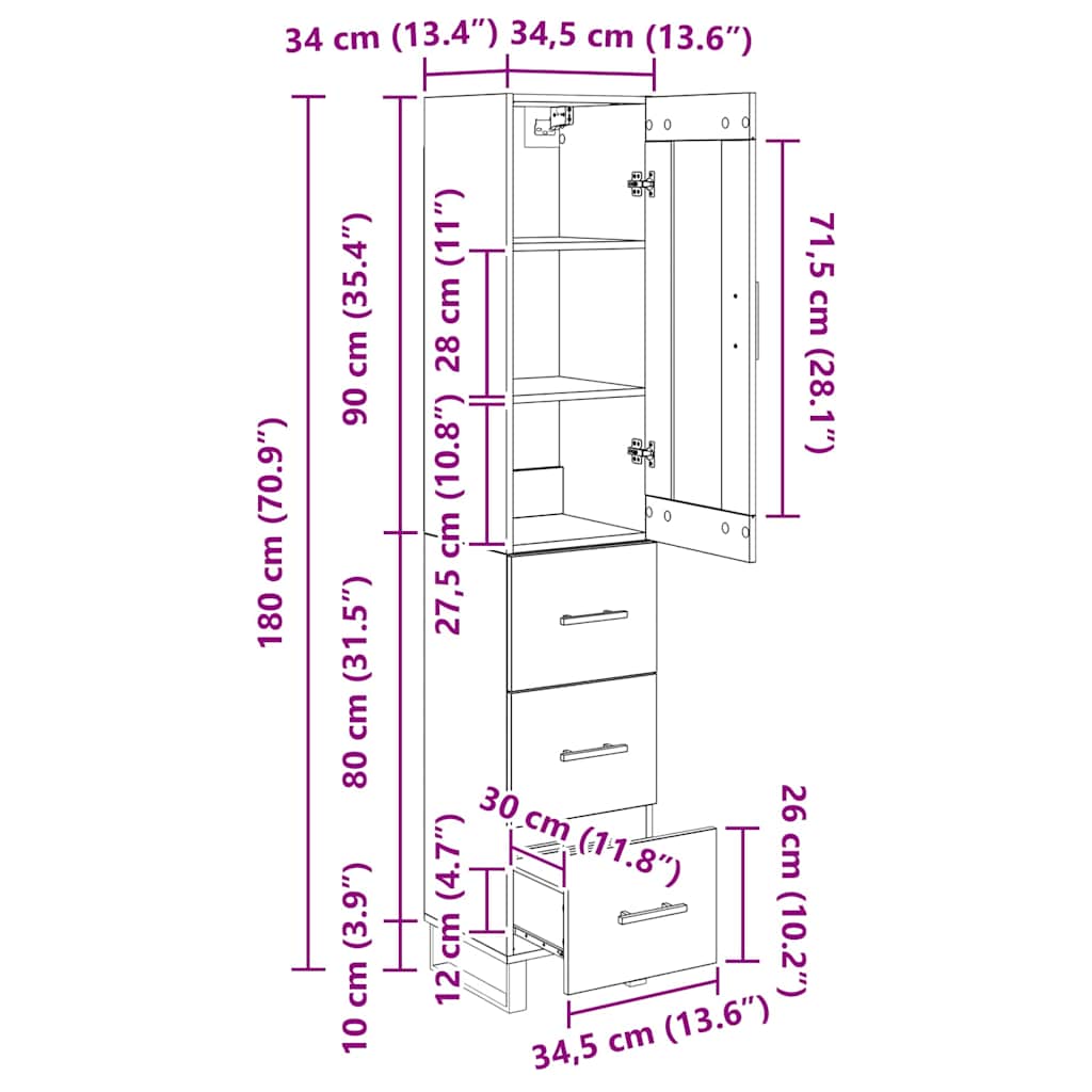 Highboard Umjetnički hrast 34,5 x 34 x 180 cm Konstruirano drvo