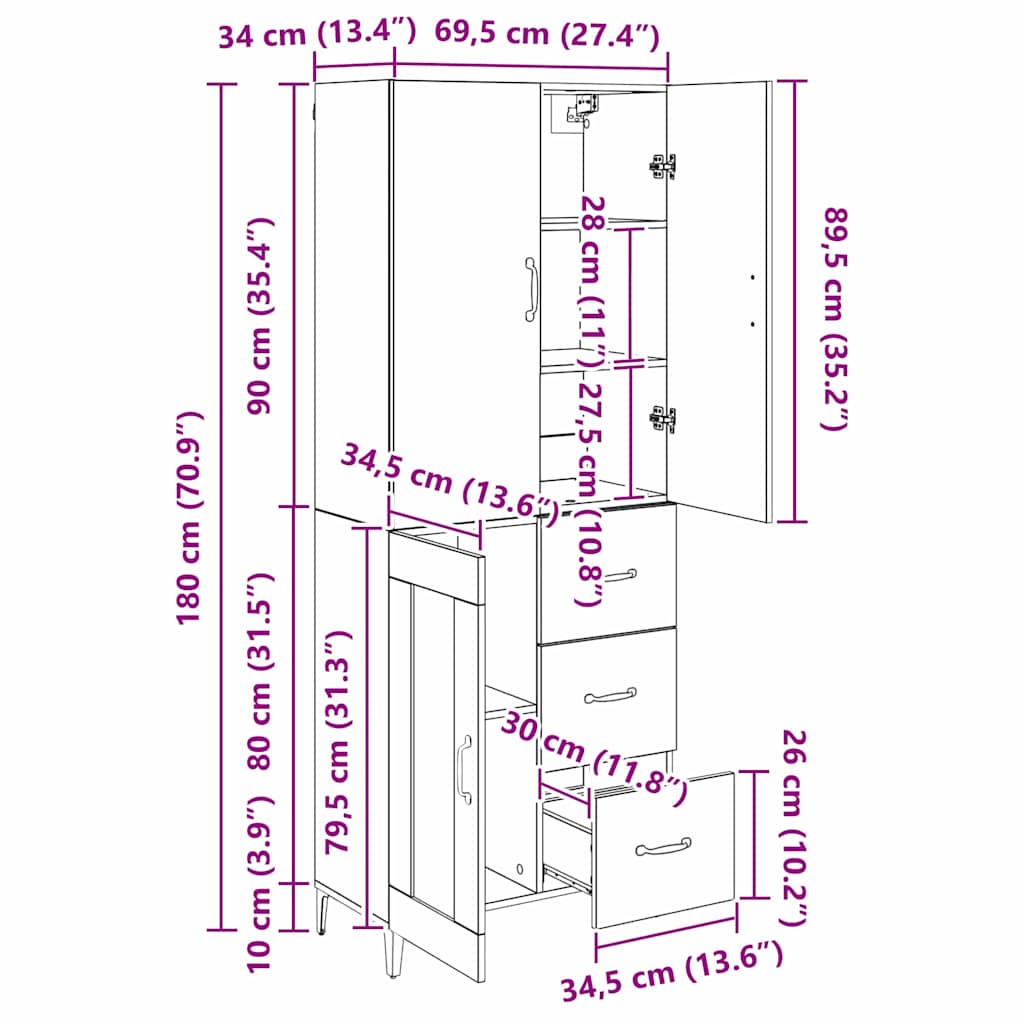 Highboard Umjetnički hrast 69,5 x 34 x 180 cm Konstruirano drvo