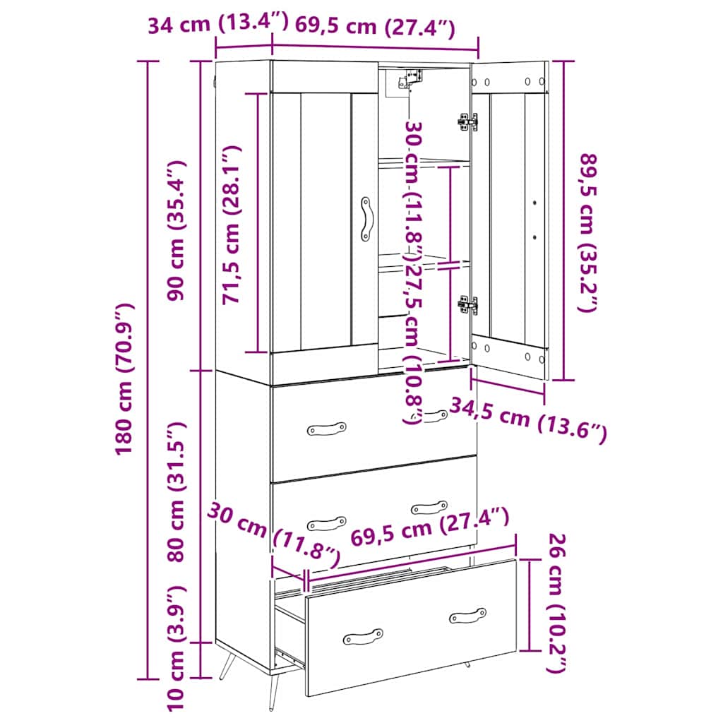 Highboard Umjetnički hrast 69,5 x 34 x 180 cm Konstruirano drvo