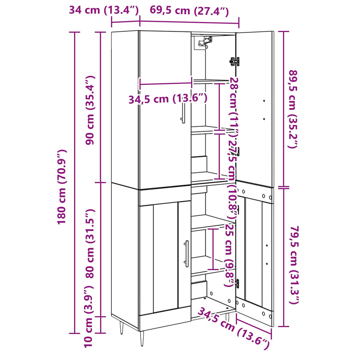Highboard Umjetnički hrast 69,5 x 34 x 180 cm Konstruirano drvo