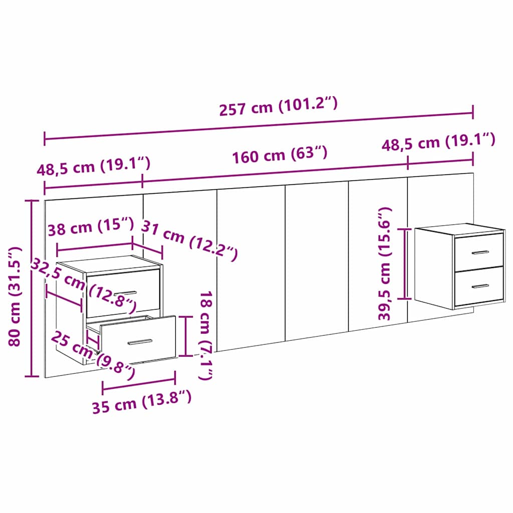 Uzglavlje s ormarićem 3 pcs Umjetnički hrast Konstruirano drvo