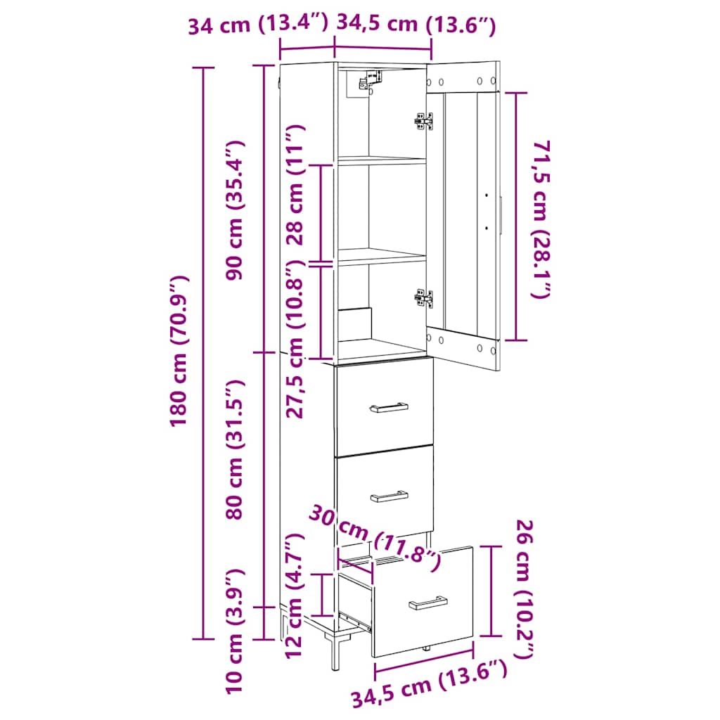 Highboard Crni hrast 34,5 x 34 x 180 cm Konstruirano drvo