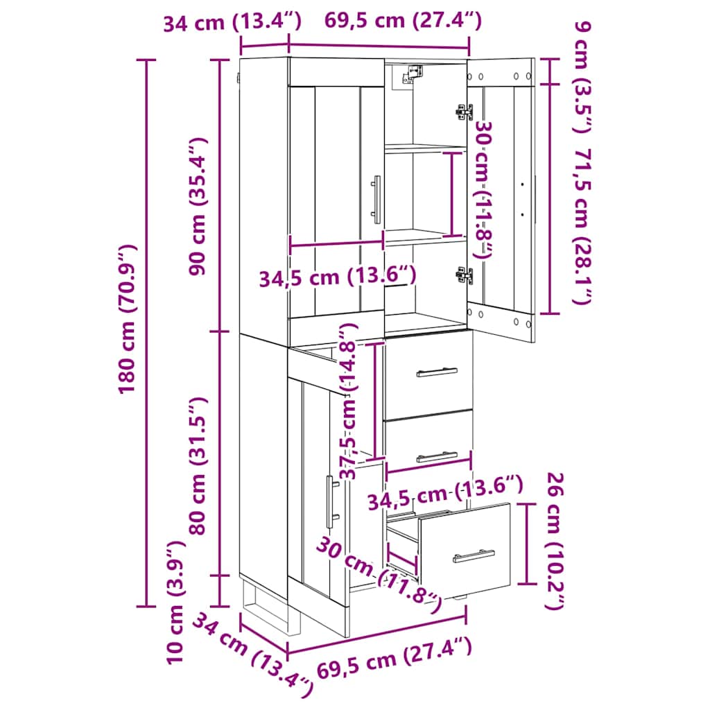 Highboard Crni hrast 69,5 x 34 x 180 cm Konstruirano drvo