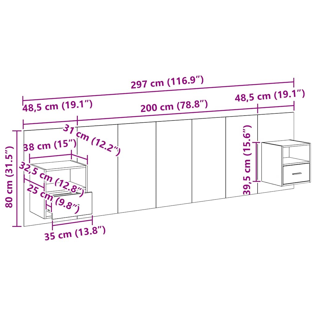 Uzglavlje s ormarićem Zidne 3 pcs Crni hrast Konstruirano drvo