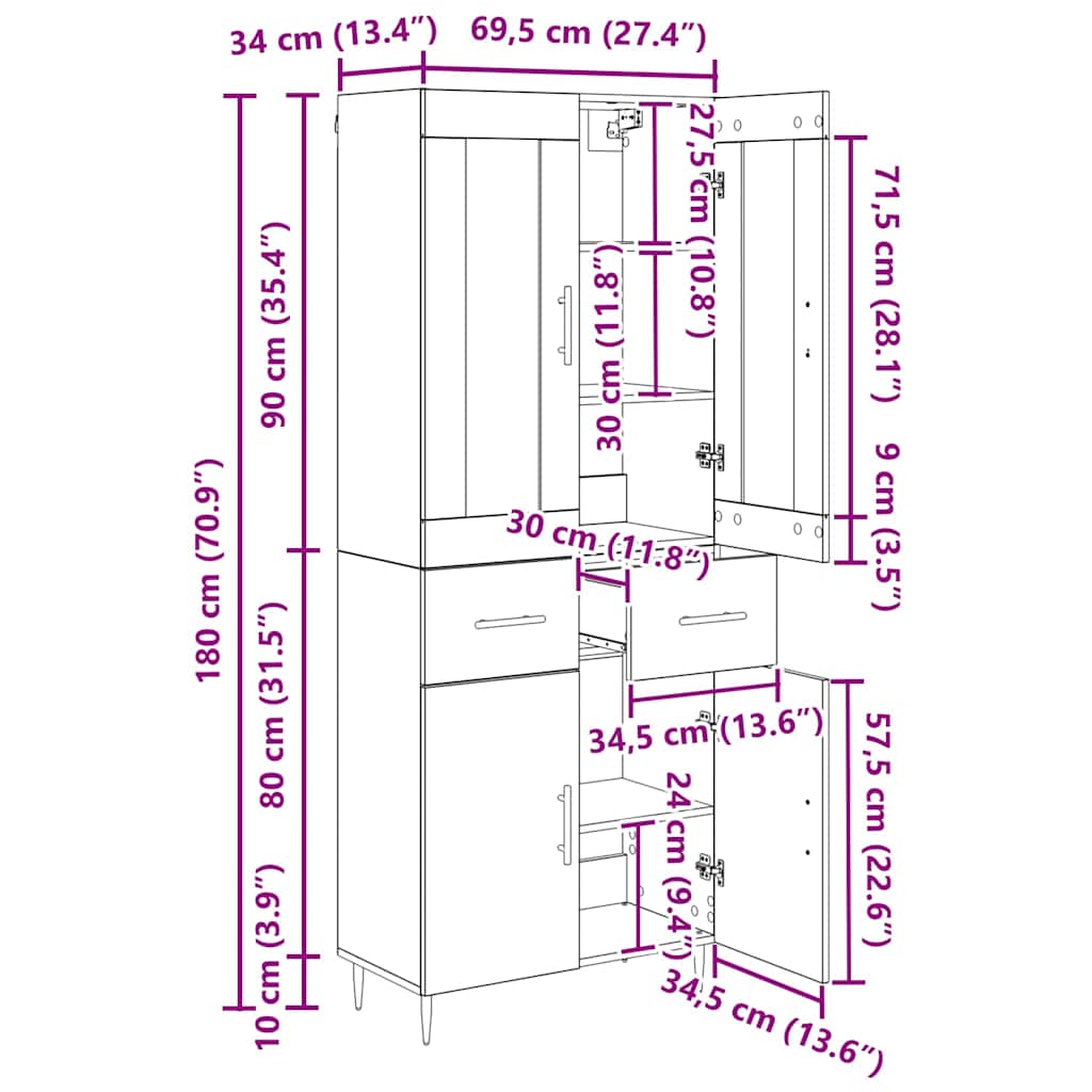 Highboard Crni hrast 69,5 x 34 x 180 cm Konstruirano drvo
