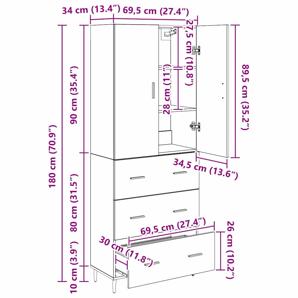 Highboard s ladicama 2 pcs Crni hrast Inženjerska drva i staklo