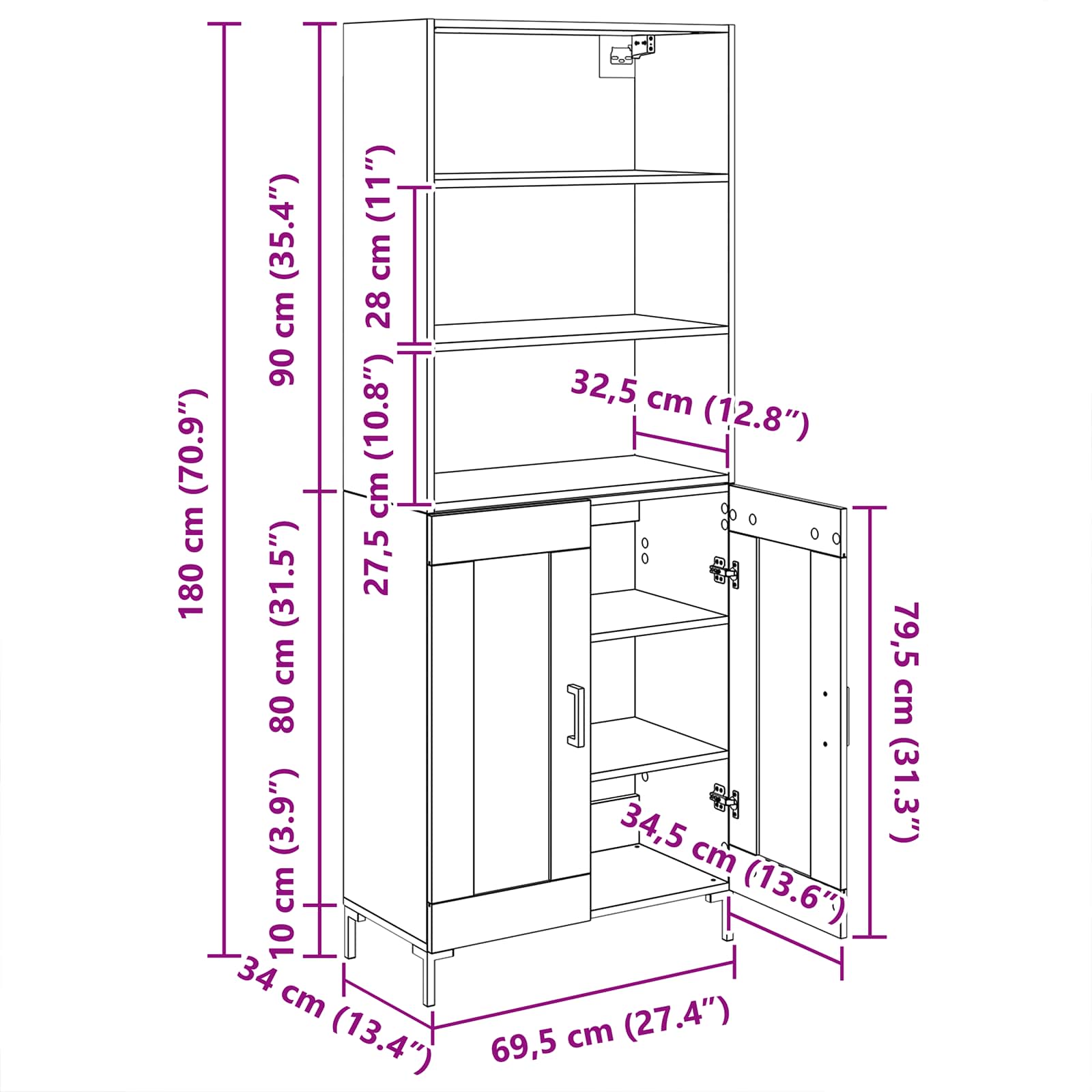 Highboard Crni hrast 69,5 x 34 x 180 cm Konstruirano drvo