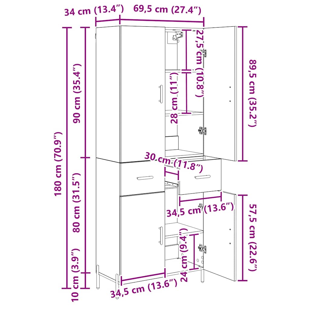 Highboard Zidne Crni hrast 69,5 x 34 x 180 cm Konstruirano drvo