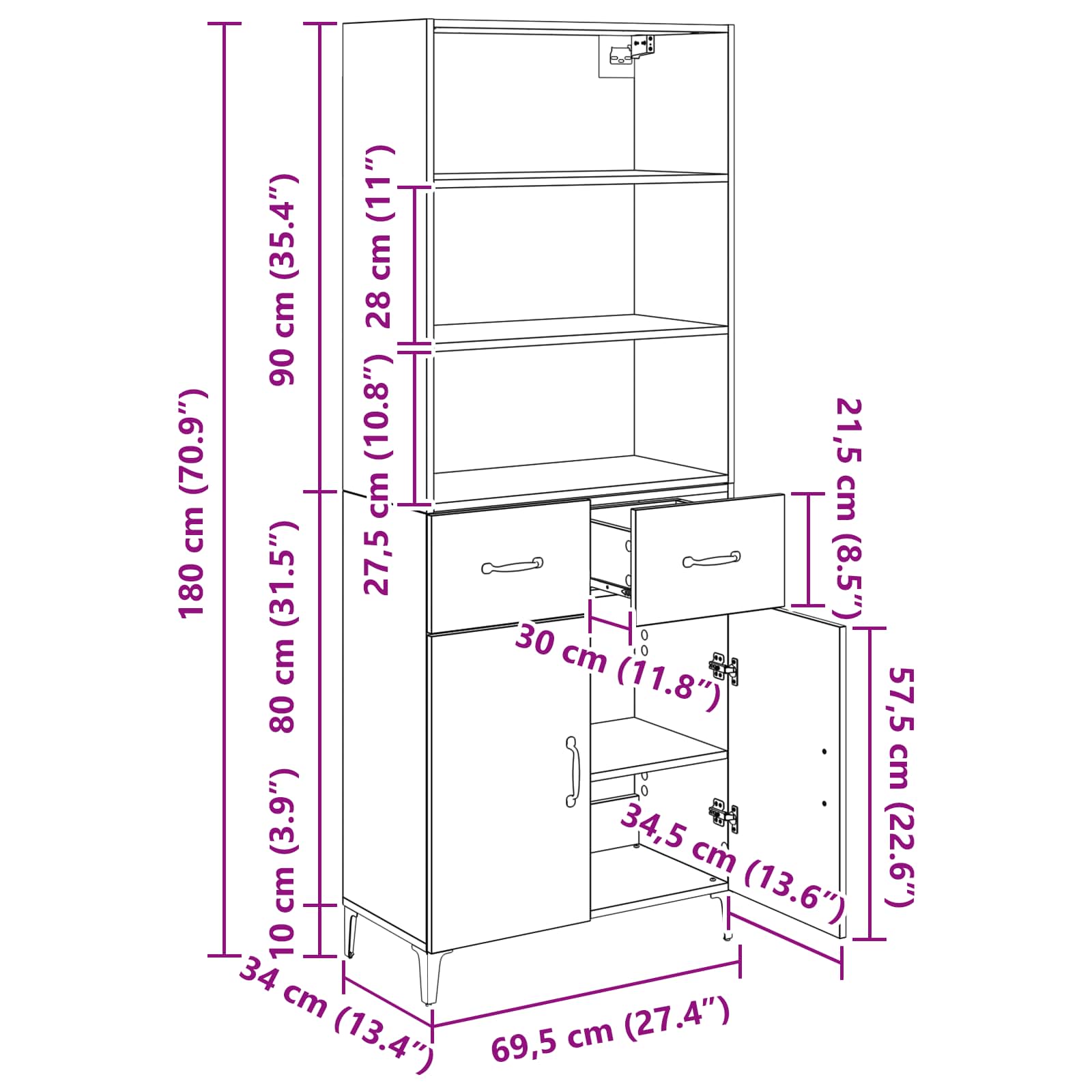 Highboard Crni hrast 69,5 x 34 x 180 cm Konstruirano drvo