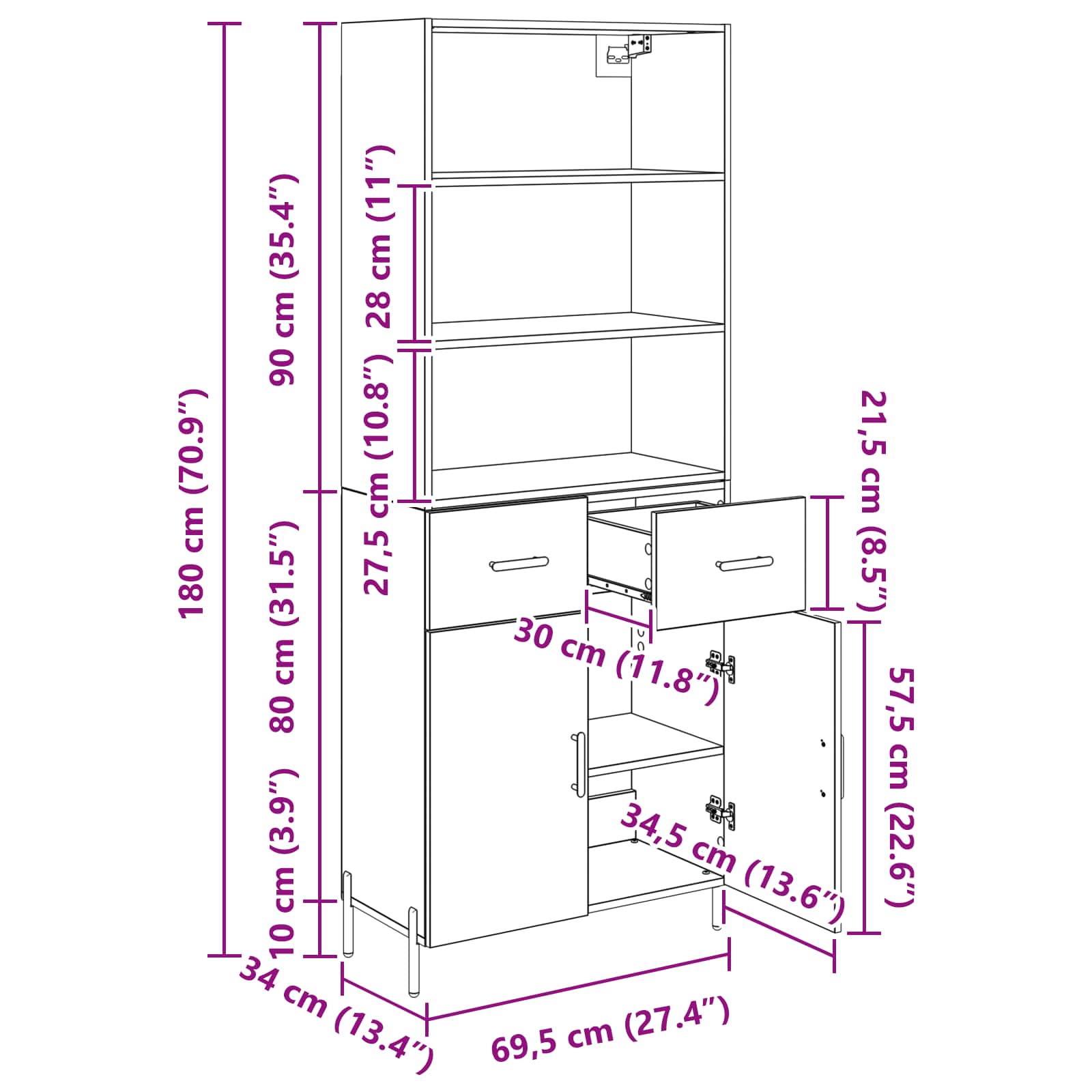 Highboard Crni hrast 69,5 x 34 x 180 cm Konstruirano drvo