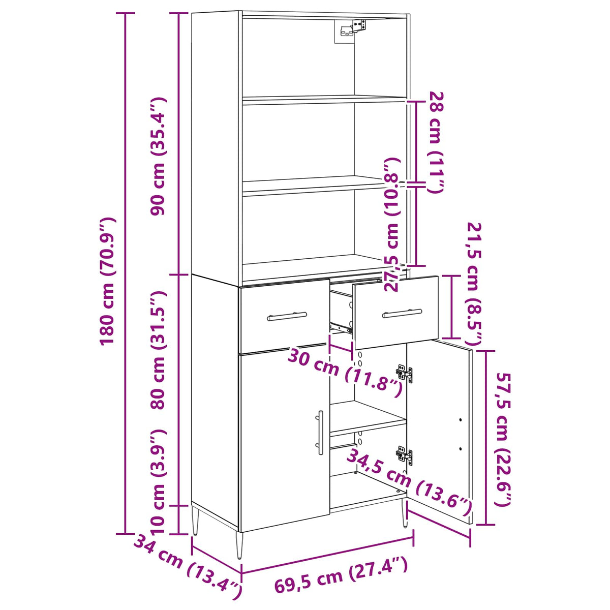 Highboard Crni hrast 69,5 x 34 x 180 cm Konstruirano drvo