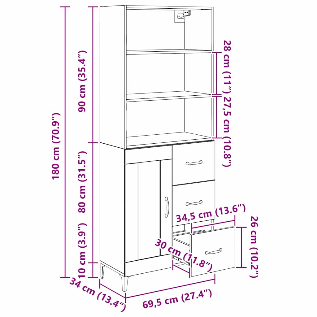 Highboard Crni hrast 69,5 x 34 x 180 cm Konstruirano drvo
