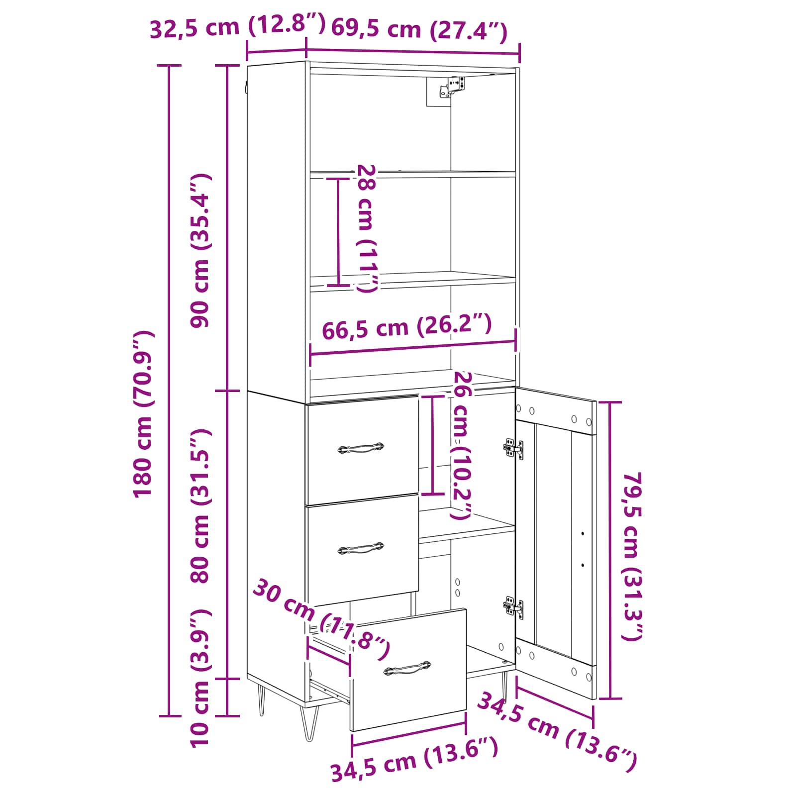 Highboard s ladicama 2 pcs Crni hrast Konstruirano drvo