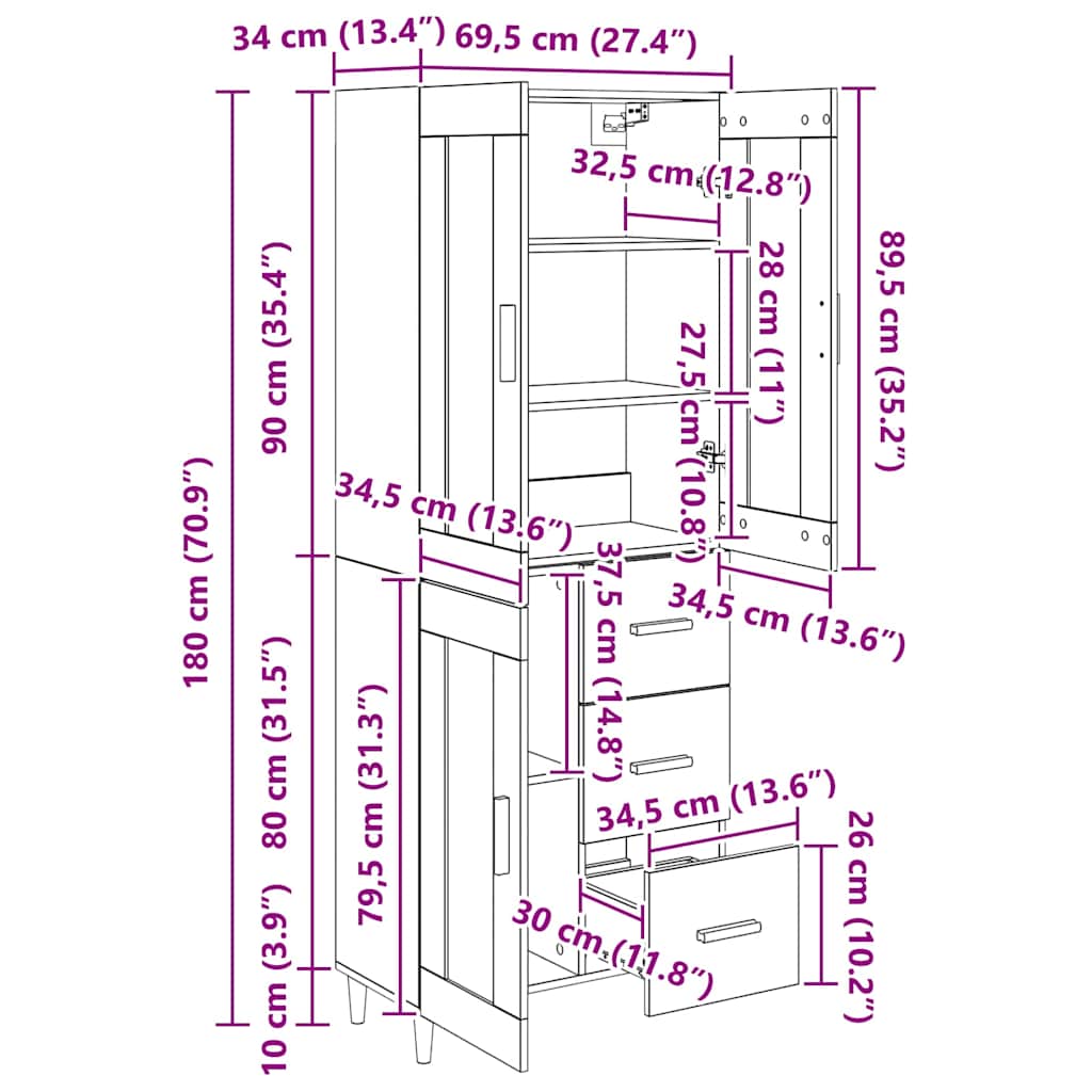 Highboard Crni hrast 69,5 x 34 x 180 cm Konstruirano drvo