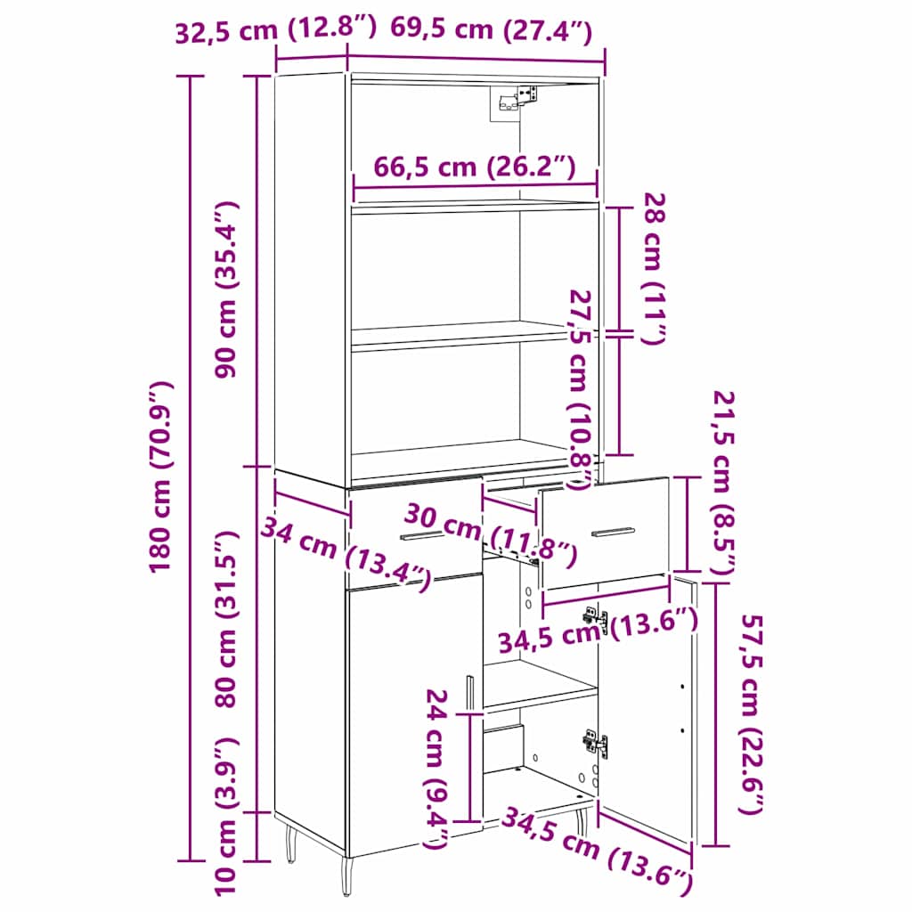 Highboard s ladicama Crni hrast 69,5 x 34 x 180 cm