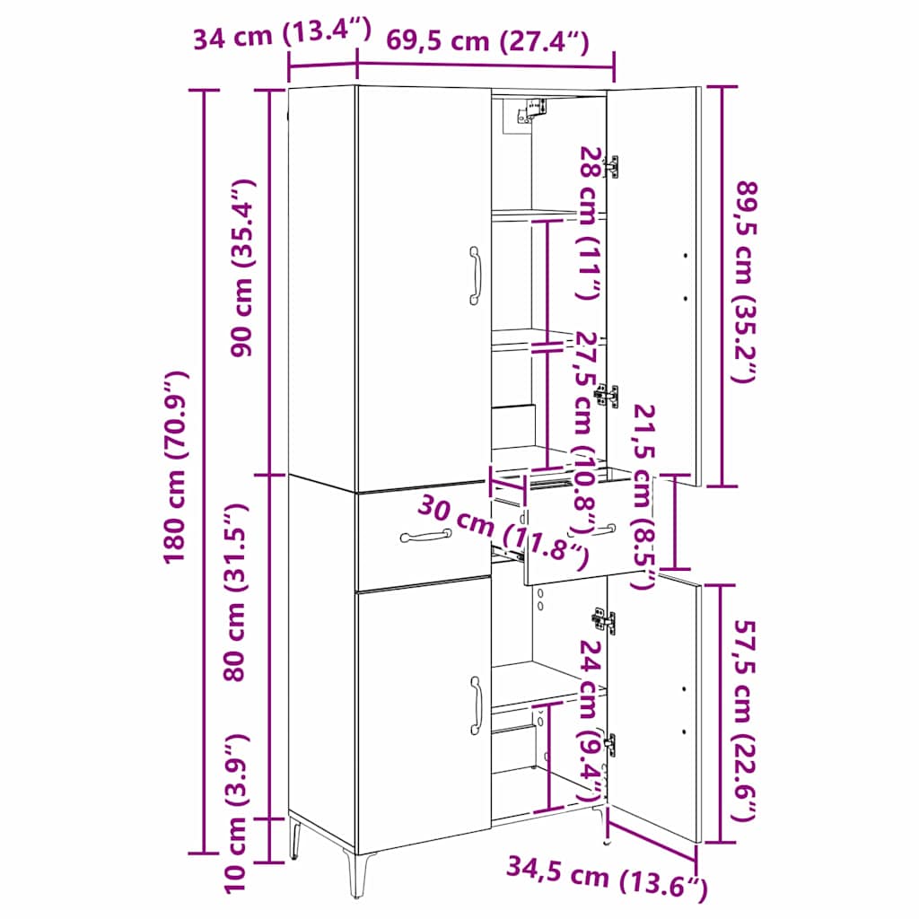Highboard Zidne Crni hrast 69,5 x 34 x 180 cm Konstruirano drvo