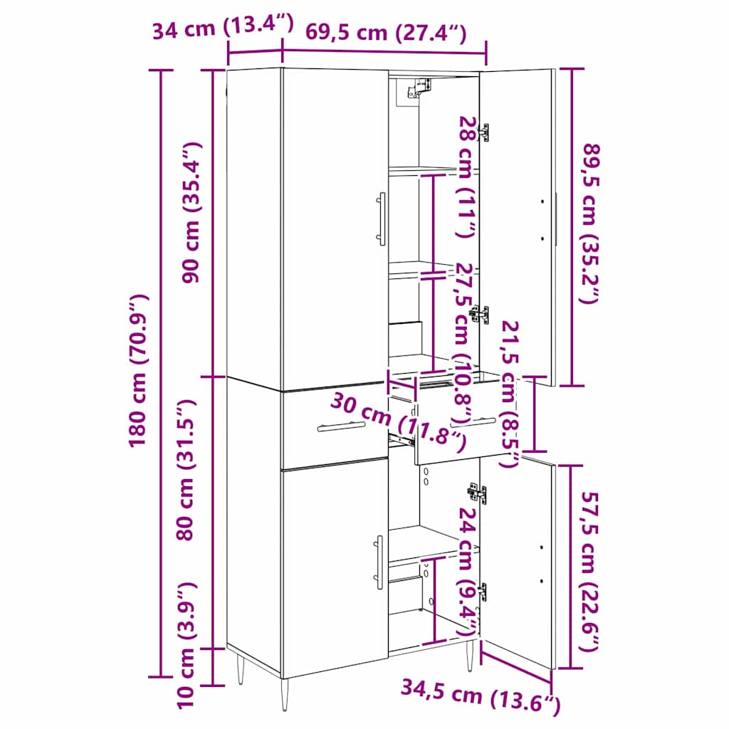Highboard Zidne Crni hrast 69,5 x 34 x 180 cm Konstruirano drvo