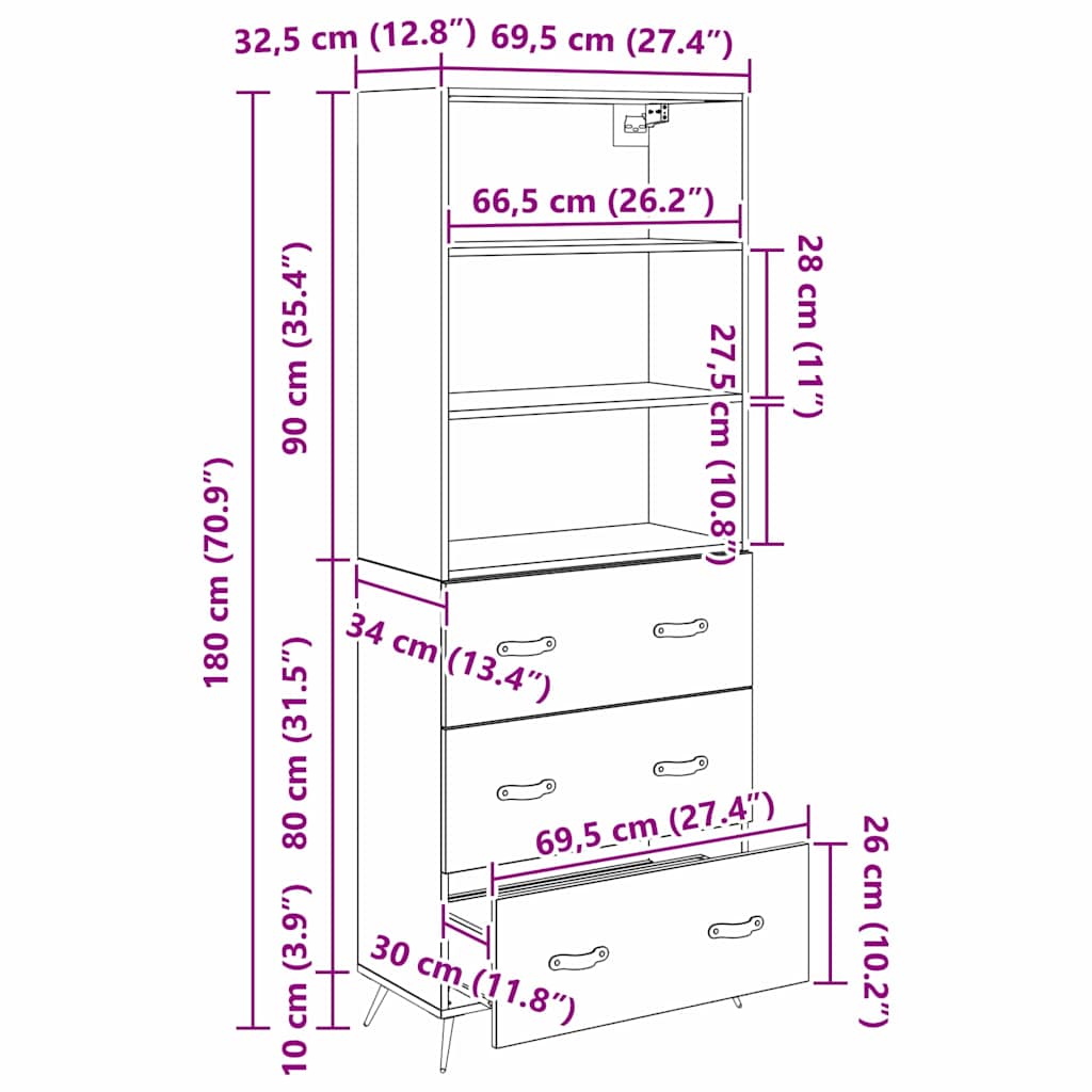 Highboard Crni hrast 69,5 x 34 x 180 cm Konstruirano drvo