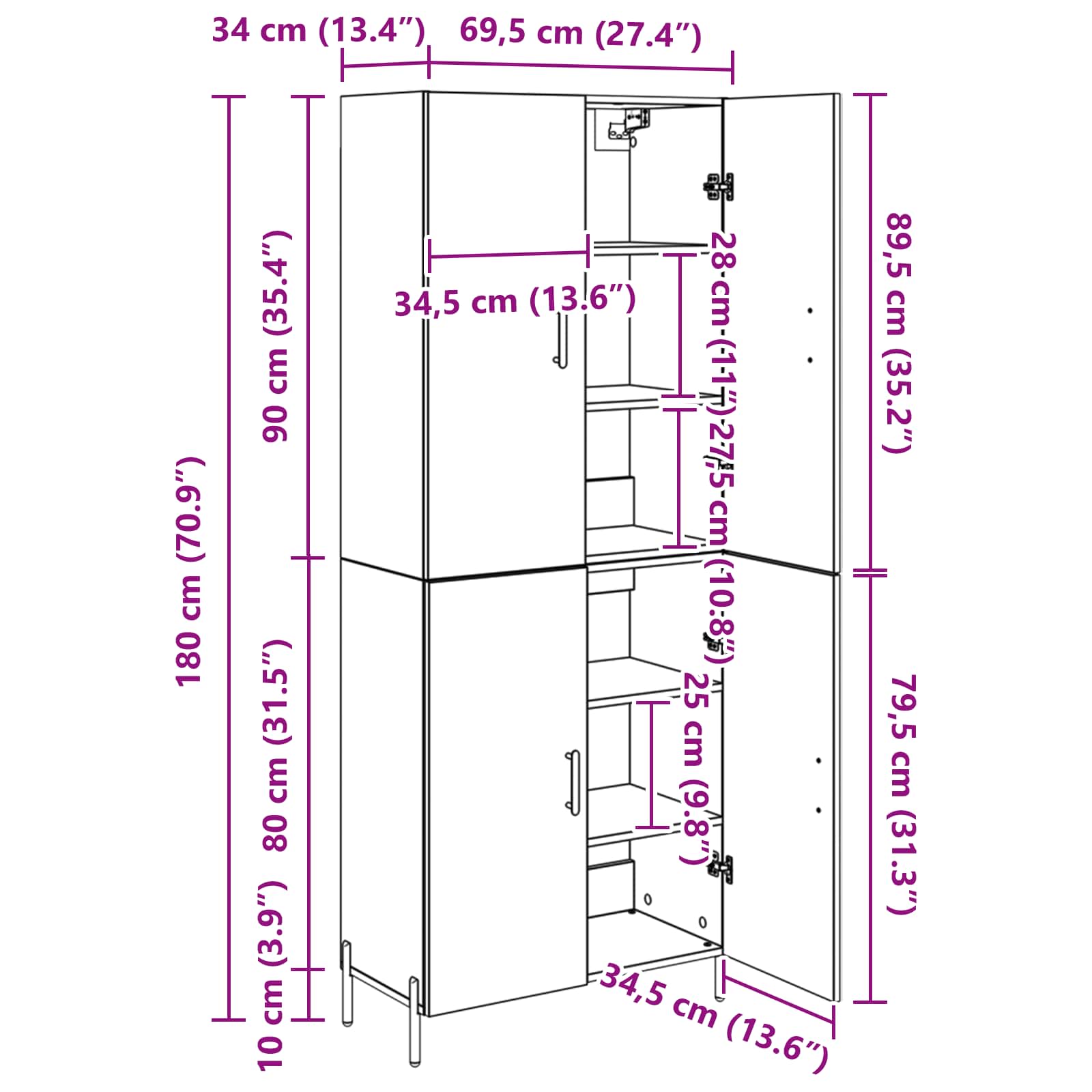 Highboard Zidne Crni hrast 69,5 x 34 x 180 cm Konstruirano drvo