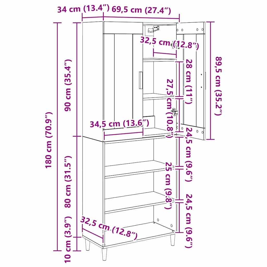 Highboard Crni hrast 69,5 x 34 x 180 cm