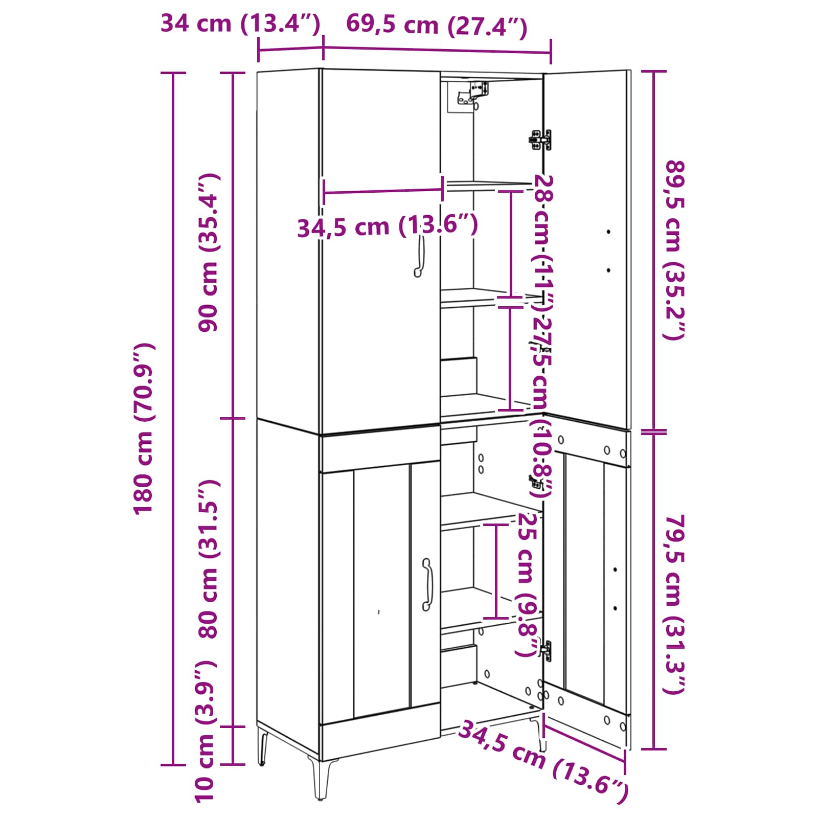 Highboard Zidne Crni hrast 69,5 x 34 x 180 cm Konstruirano drvo