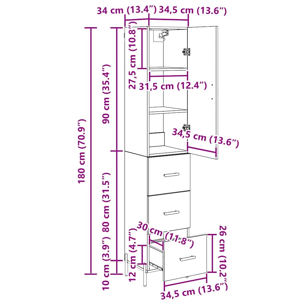 Highboard Crni hrast 34,5 x 34 x 180 cm Konstruirano drvo