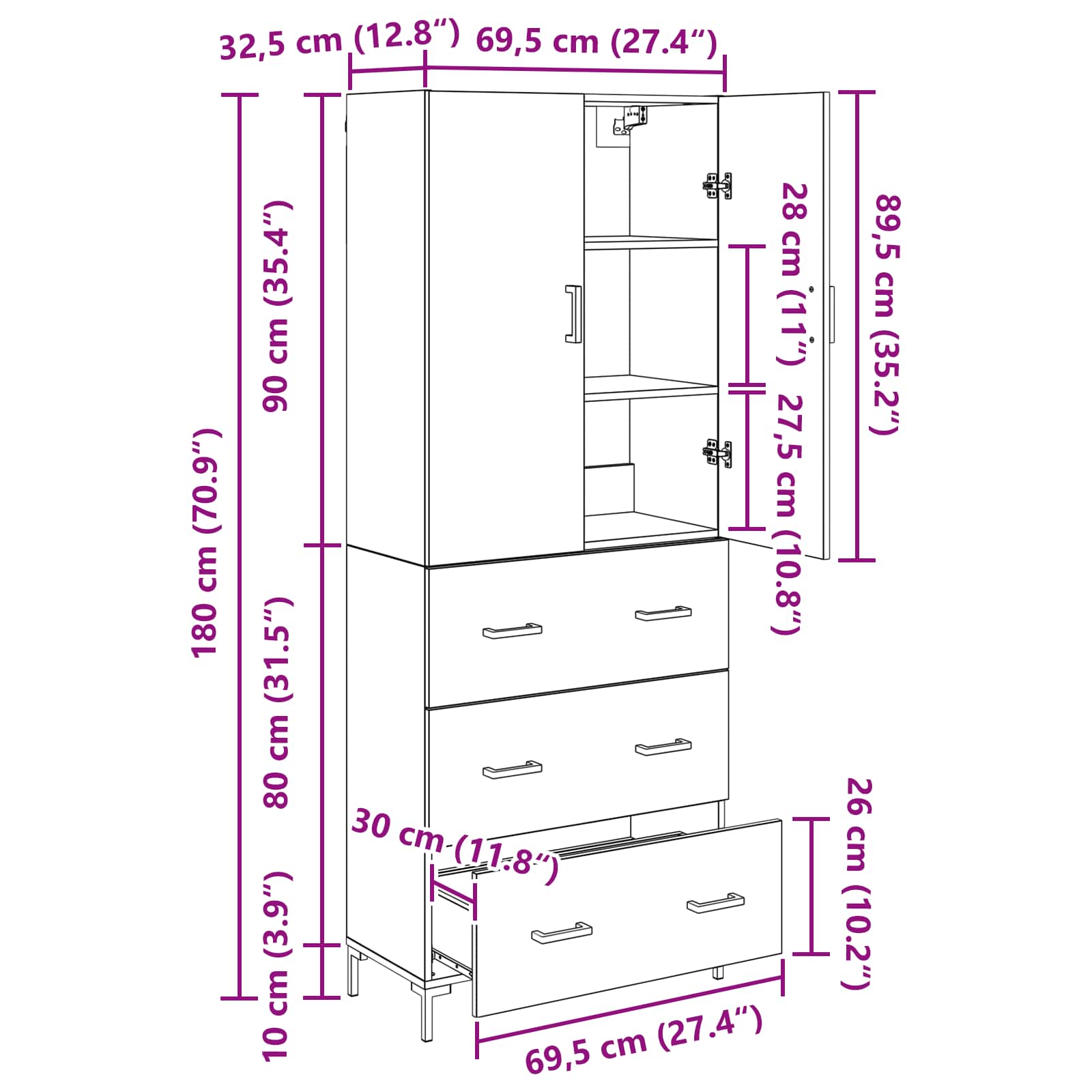 Highboard Zidne Crni hrast 69,5 x 34 x 180 cm Konstruirano drvo