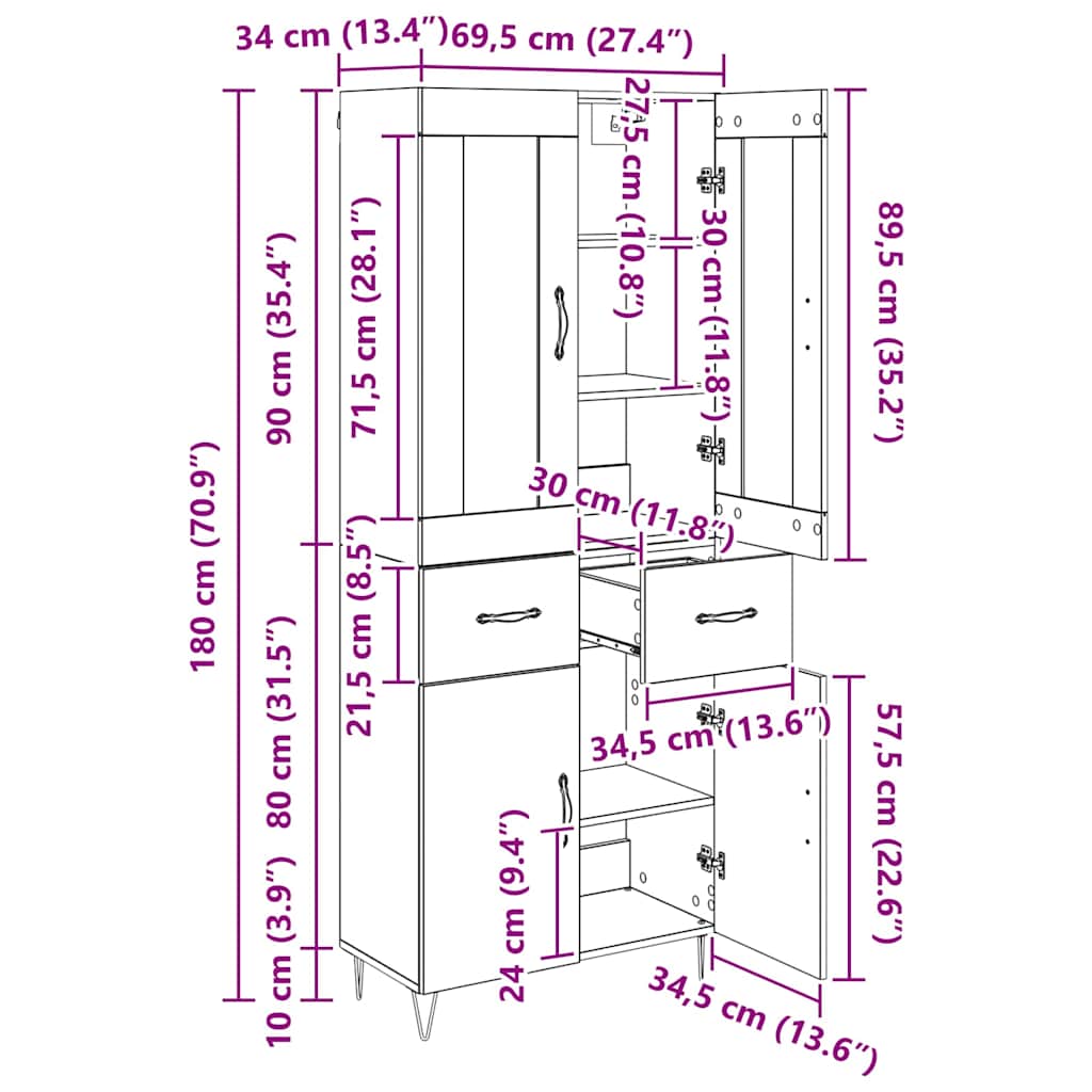 Highboard Crni hrast 69,5 x 34 x 180 cm Konstruirano drvo