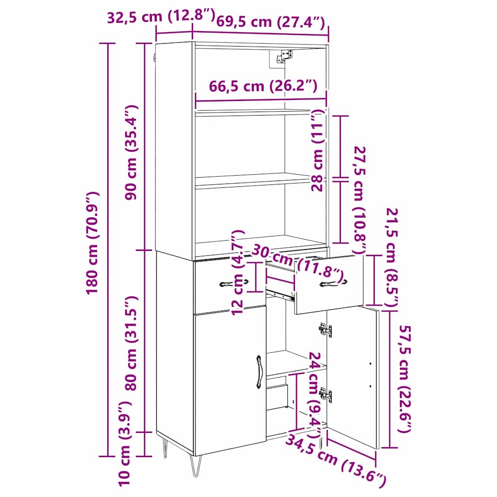 Highboard s ladicama 2 pcs Crni hrast Konstruirano drvo