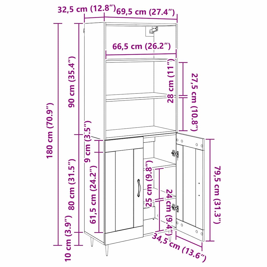 Highboard Crni hrast 69,5 x 34 x 180 cm Konstruirano drvo