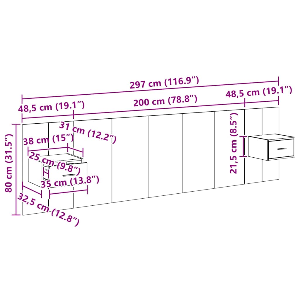 Uzglavlje s ormarićem Zidne 3 pcs Crni hrast Konstruirano drvo