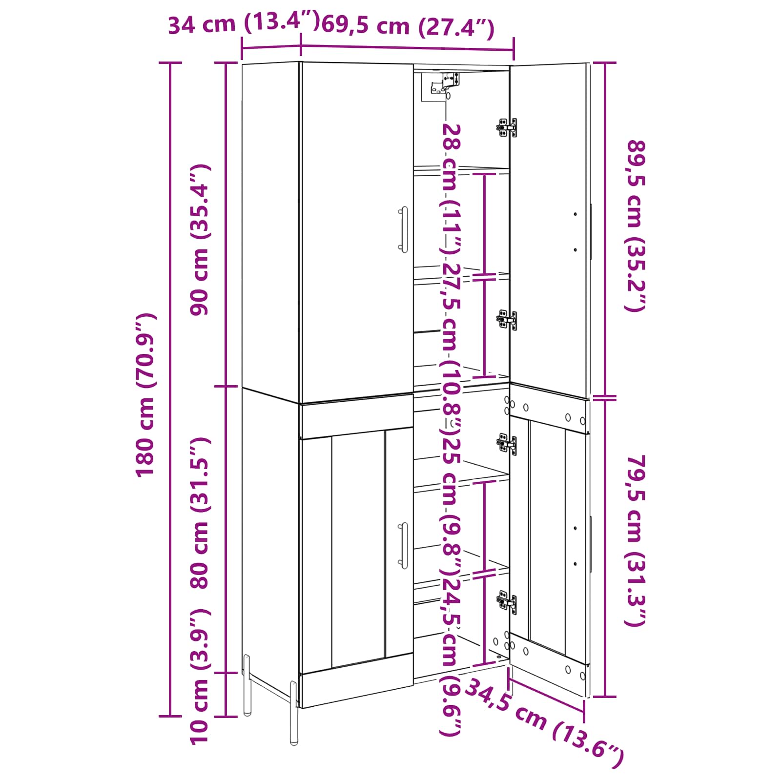 Highboard Zidne Crni hrast 69,5 x 34 x 180 cm Konstruirano drvo
