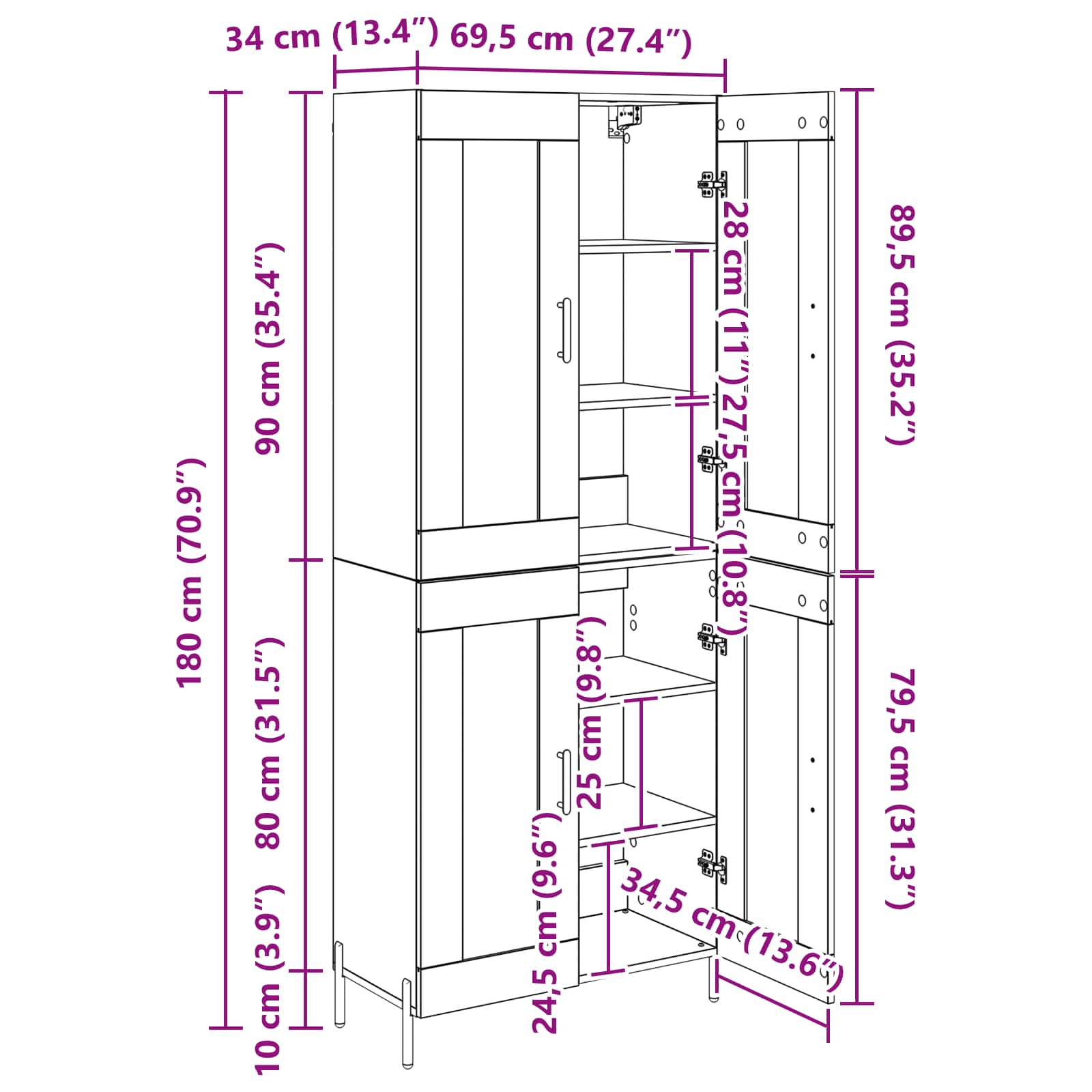 Highboard Zidne Crni hrast 69,5 x 34 x 180 cm Konstruirano drvo