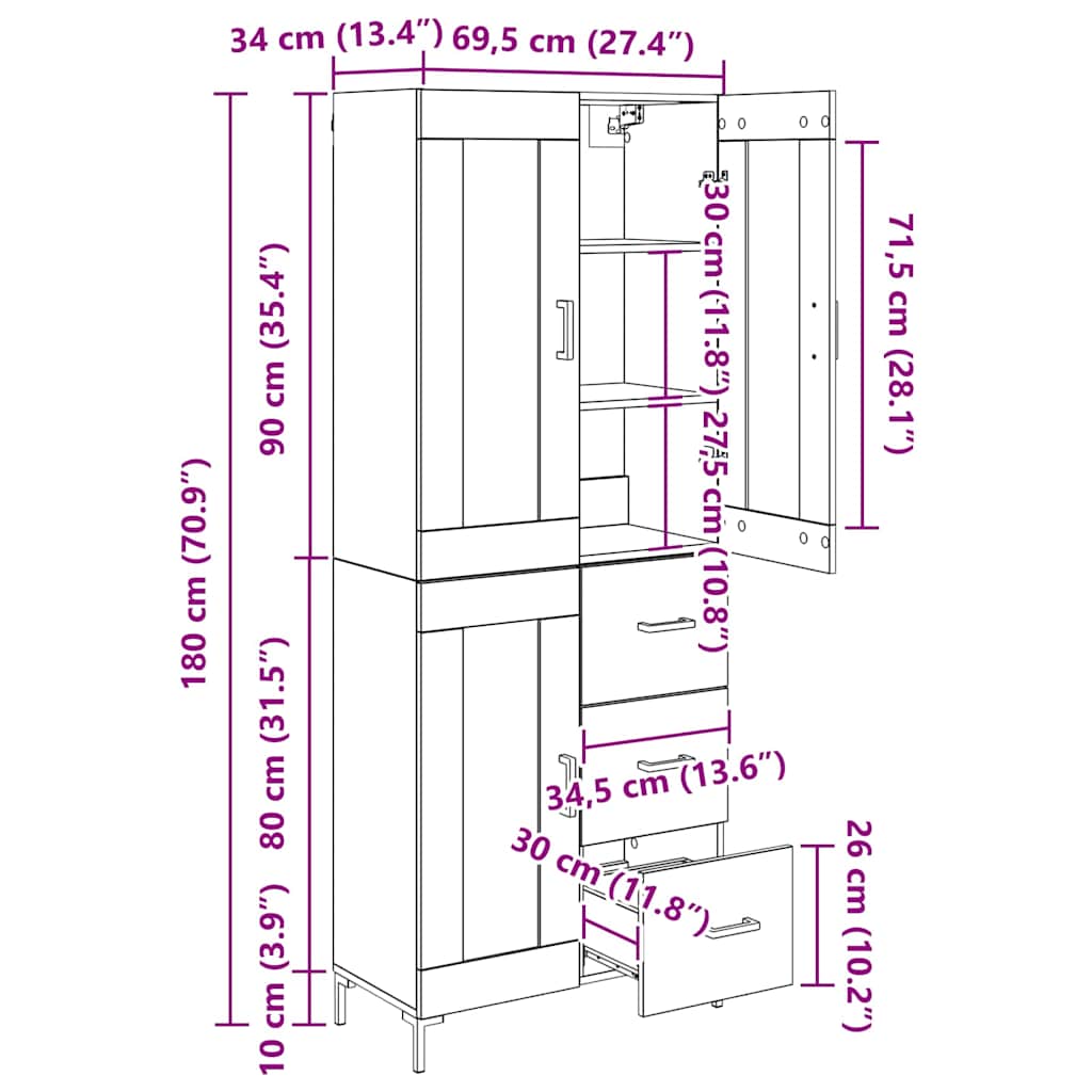 Highboard s ladicama 2 pcs Crni hrast Konstruirano drvo