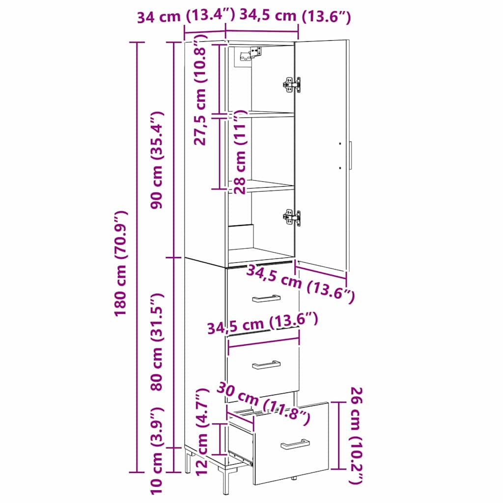 Highboard Crni hrast 34,5 x 34 x 180 cm Konstruirano drvo
