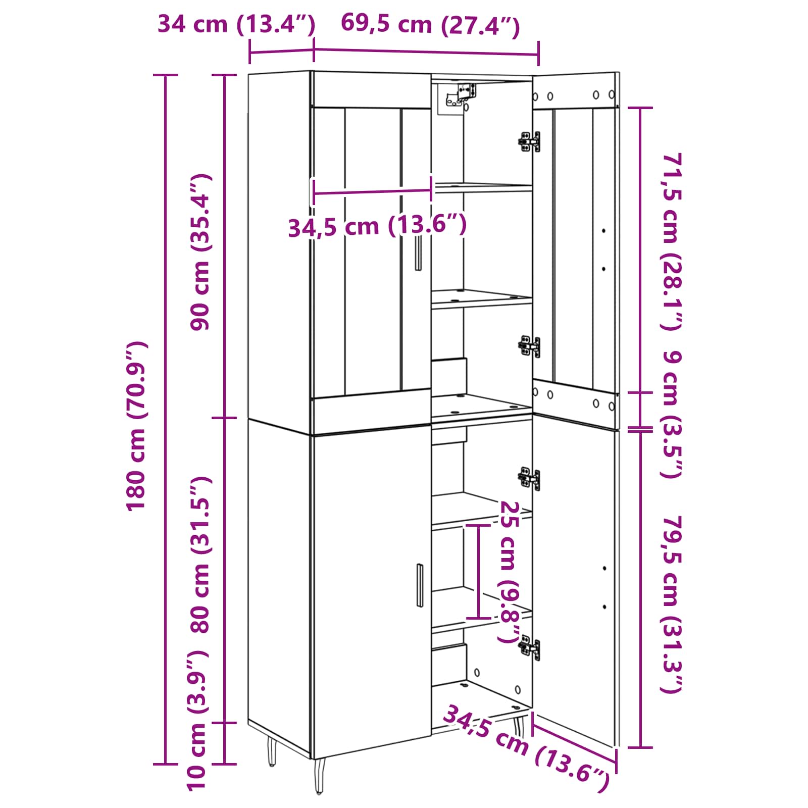 Highboard 2 kom. Crni hrast 69,5 x 34 x 180 cm