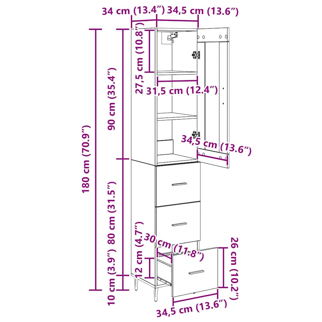 Highboard Crni hrast 34,5 x 34 x 180 cm Konstruirano drvo