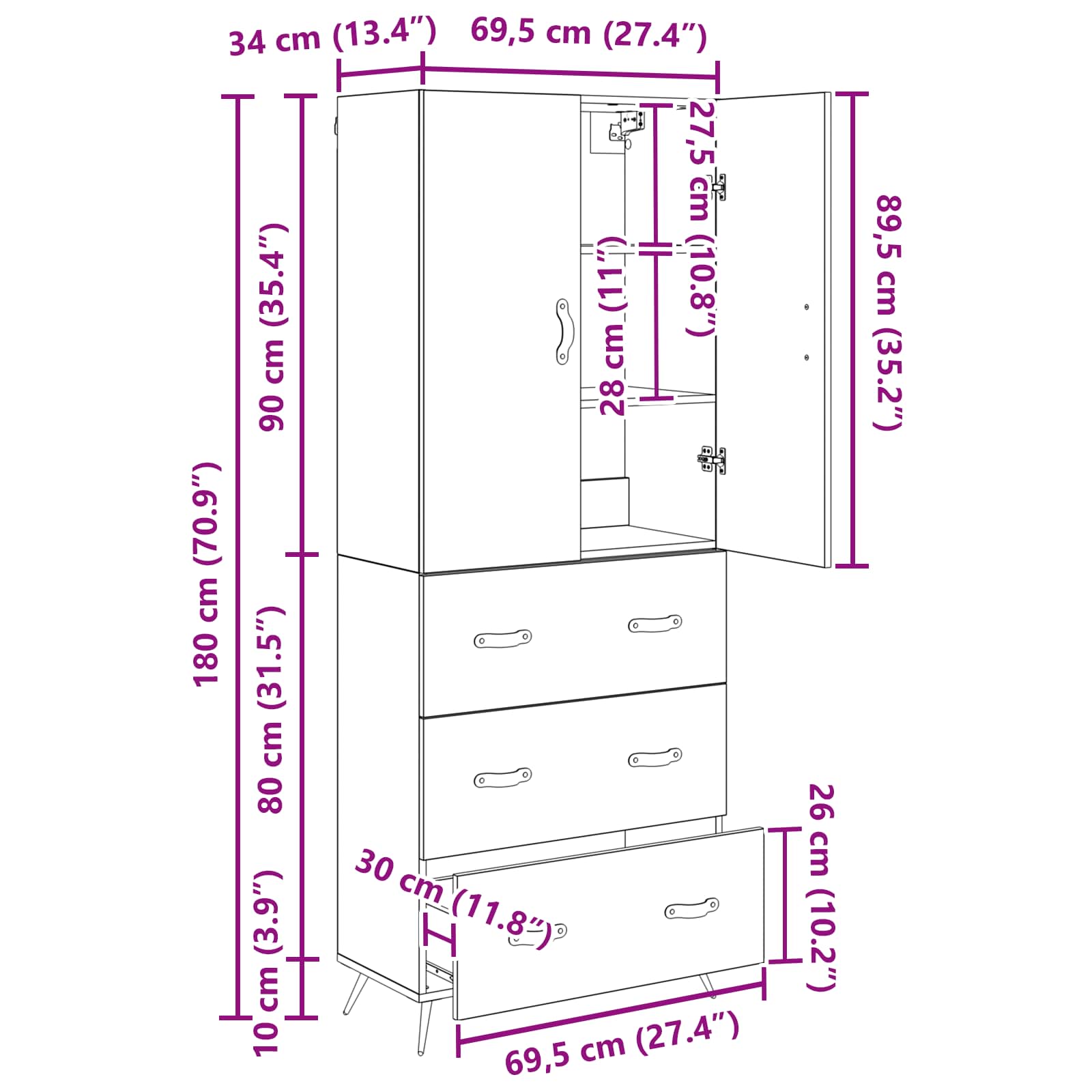 Highboard Crni hrast 69,5 x 34 x 180 cm Konstruirano drvo