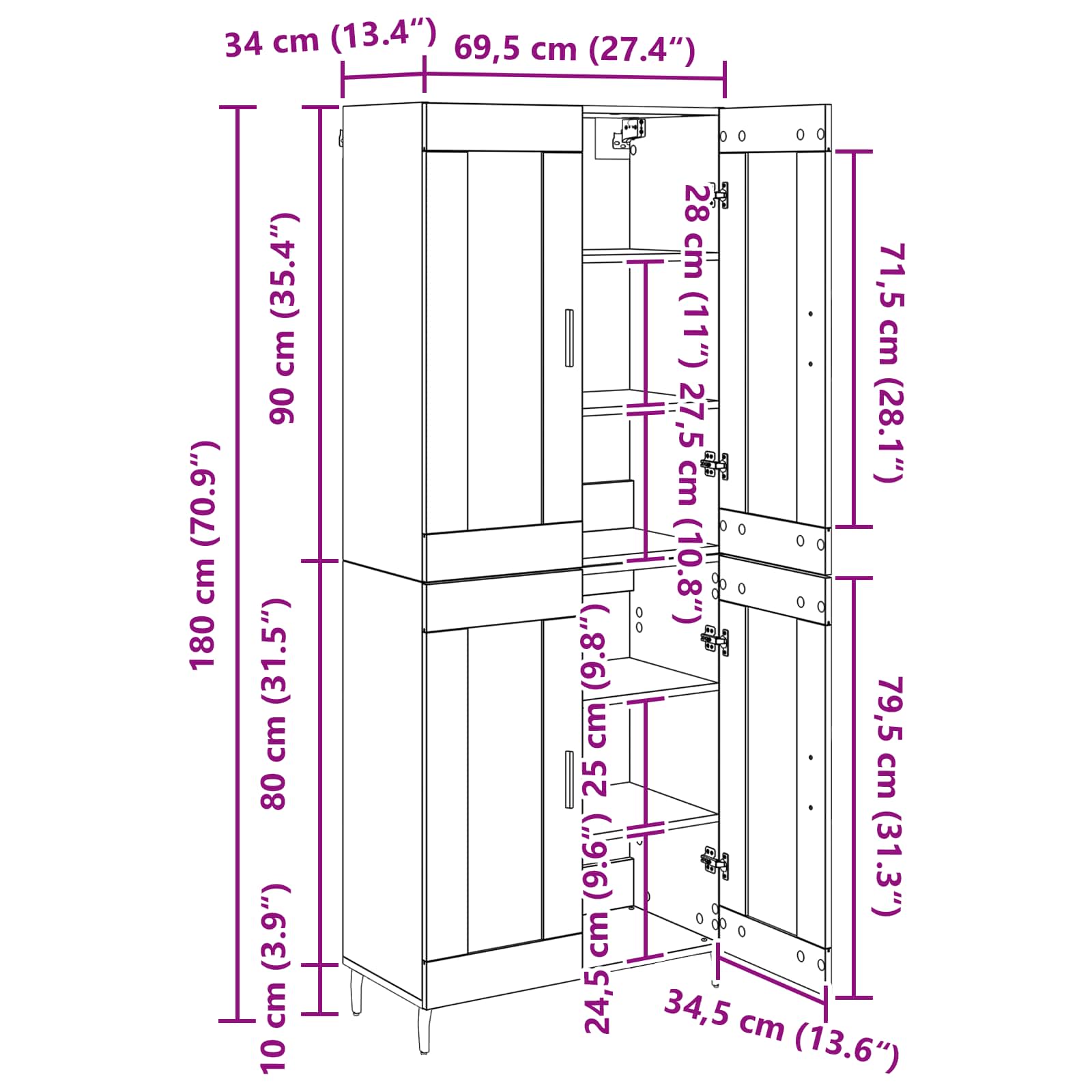 Highboard 2 kom. Crni hrast 69,5 x 34 x 180 cm