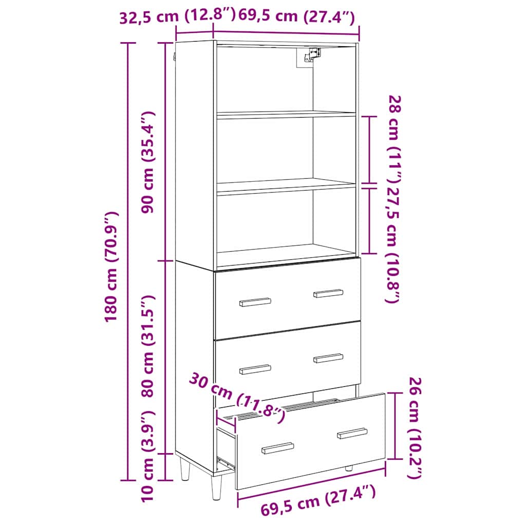 Highboard Crni hrast 69,5 x 32,5 x 180 cm Konstruirano drvo
