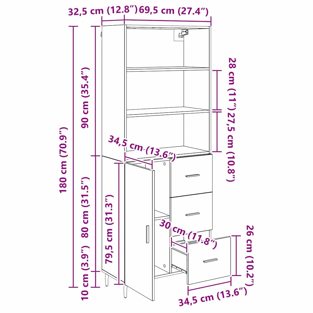 Highboard s ladicama Crni hrast 69,5 x 34 x 180 cm