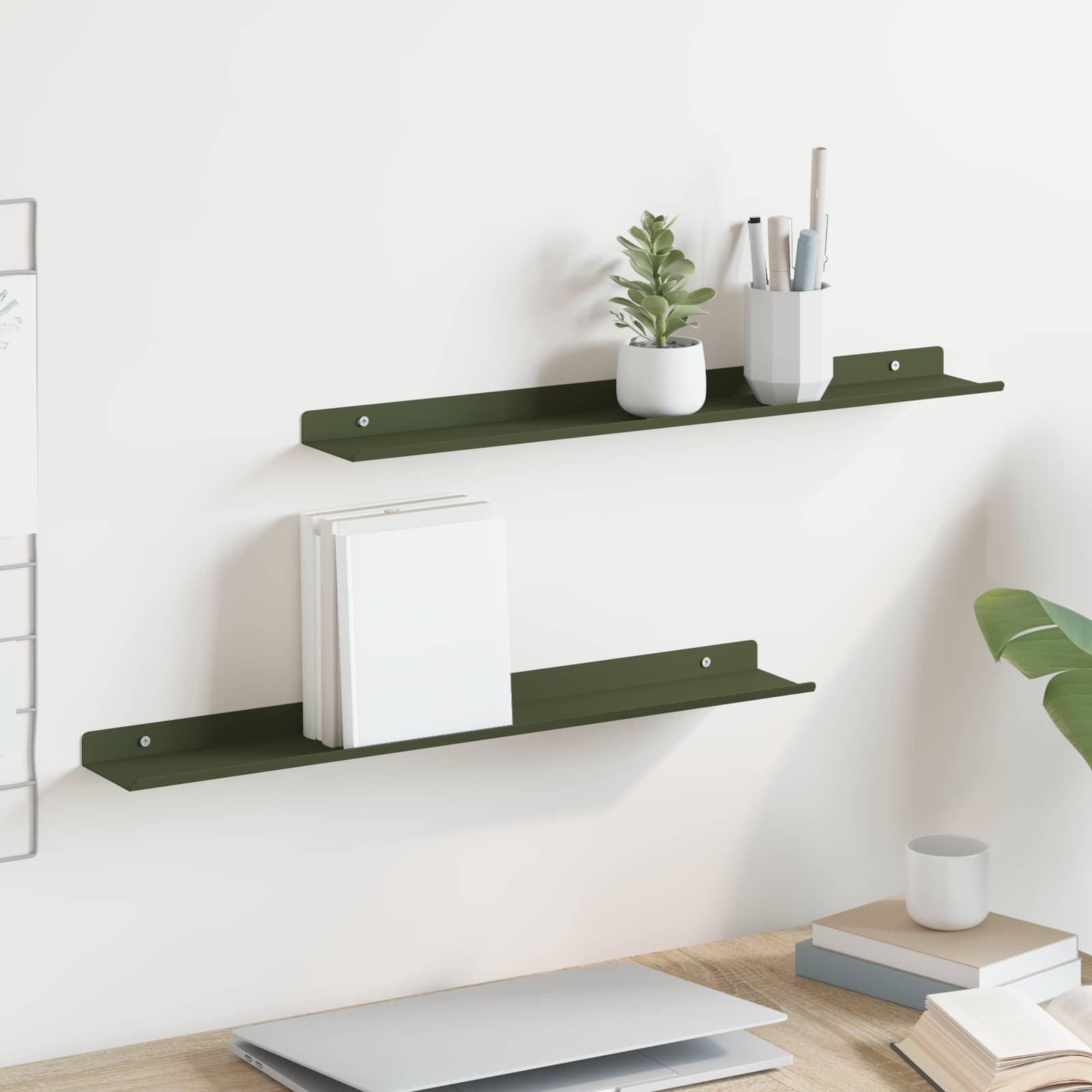Lebdeća polica 2 pcs Maslinasto zelena 60 x 8,5 x 2,5 cm Čelik