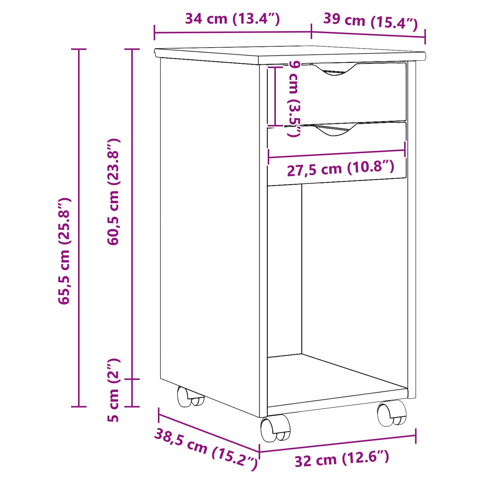 Mobilni ormar s kotačem Sivi 34 x 39 x 65,5 cm Masivna borovina